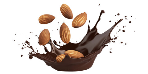 Almonds Splashing in Rich Dark Chocolate transparent background