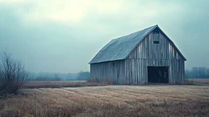 Obraz premium Old Wooden Barn in a Foggy Field