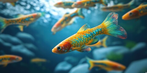 Vibrant Underwater Scene Featuring Colorful Goldfish in Their Natural Aquatic Habitat