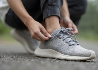 Naklejka premium Female runner tying her shoelace 