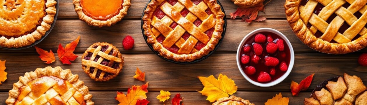 A variety of delicious pies surrounded by autumn leaves and fresh berries.