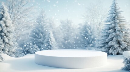 Fototapeta premium 3d podium and Christmas tree in Snow winter background,Merry Christmas,Happy new year banner,Vector illustration,Abstract minimal scene,Vector illustration,Snowy winter sunset,banner Holiday.