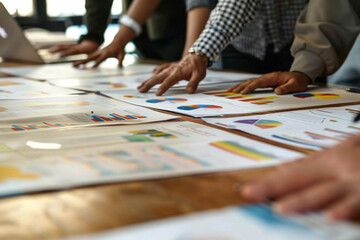 Obraz premium Closeup of an economic strategy session with hands over a table full of graphs on fiscal policy sector innovation and sustainability