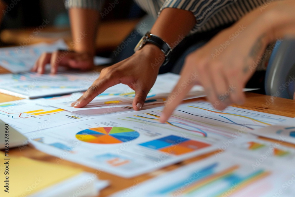 Poster closeup of an economic strategy session with hands over a table full of graphs on fiscal policy sect