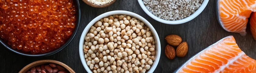 Healthy food choices, delicious salmon, nutritious nuts, and fresh ingredients for a balanced diet