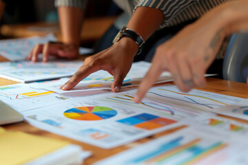 Fototapeta premium Closeup of an economic strategy session with hands over a table full of graphs on fiscal policy sector innovation and sustainability
