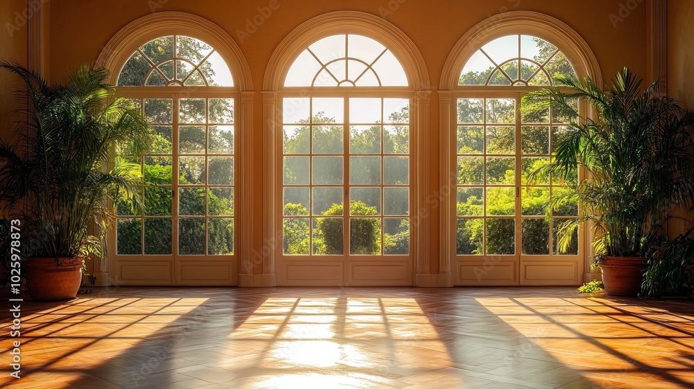 Poster sunlight streaming through large arched windows in an elegant