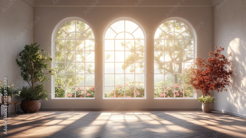 Poster sunlight streaming through large arched windows in an elegant