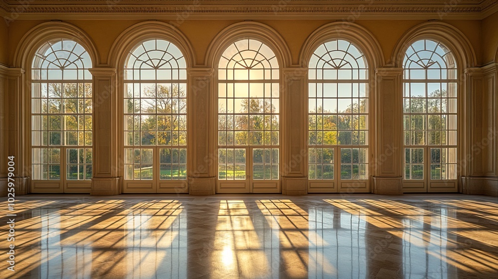 Poster sunlight streaming through large arched windows in an elegant