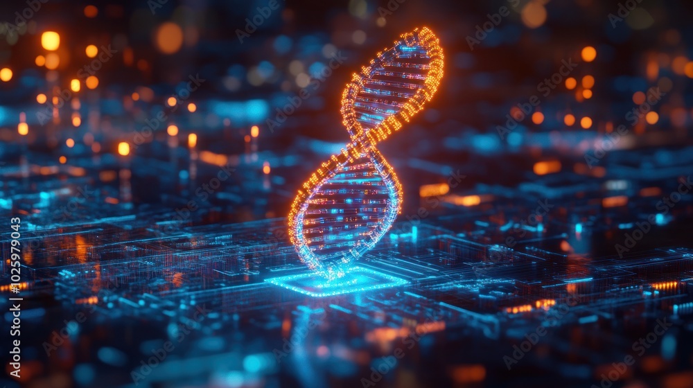 Aufkleber glowing dna helix on a digital circuit board