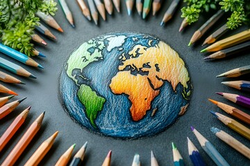 a drawing of the earth and pencils



