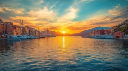 Obraz premium Sunset over the Harbor in a Coastal Town