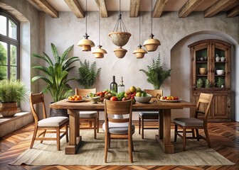 Obraz premium Mediterranean Style Dining Room Mockup with Table and Chairs Against a Blank Wall for Food Photography