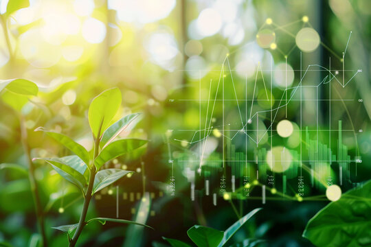 Closeup of an industry trend report on green technology adoption with graphs comparing sectors and their environmental impact reductions