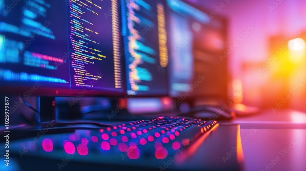 Fototapete Close-up of a backlit keyboard with a blurred background of computer screens showing code.