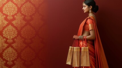 Fototapeta premium Side profile of an elegant woman in orange saree holding shopping bags against ornate backdrop.