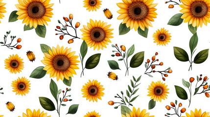 Bright and cheerful sunflowers with vibrant yellow petals and green leaves create lively floral pattern, perfect for adding touch of nature to any design