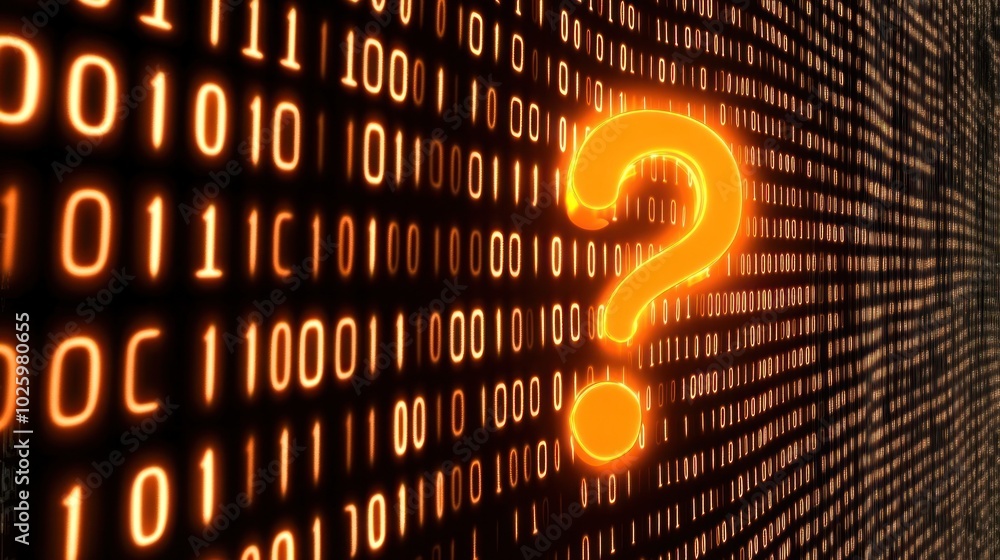 Poster A glowing question mark in front of a binary code background