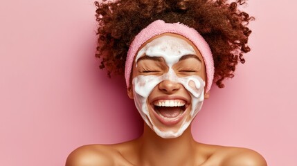 A Woman with a Foamy Face Mask Smiles Joyfully