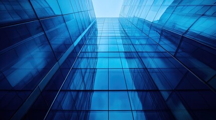 A large building with a blue facade and a glass room