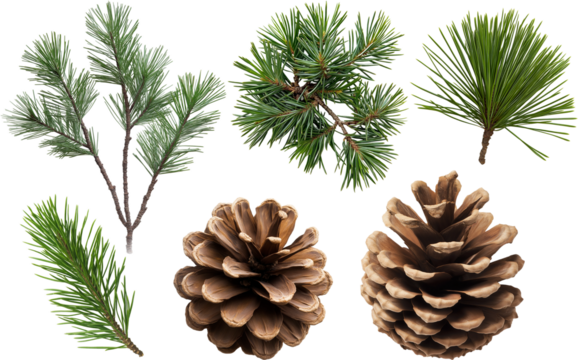 pine cones and pine needles isolated on white background