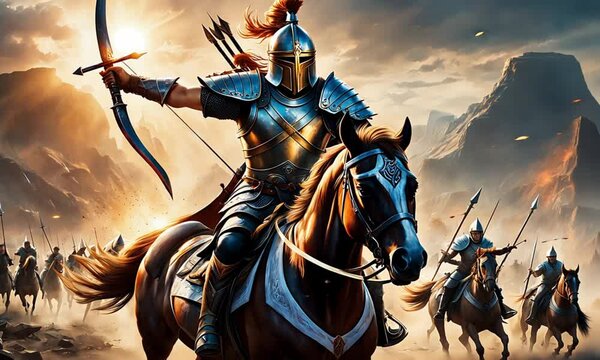 A powerful warrior riding a horse, wielding a bow and arrow, leading a group of soldiers into battle.