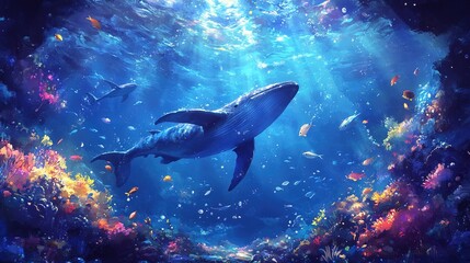 Fototapeta premium Underwater background of the ocean floor with fish whales