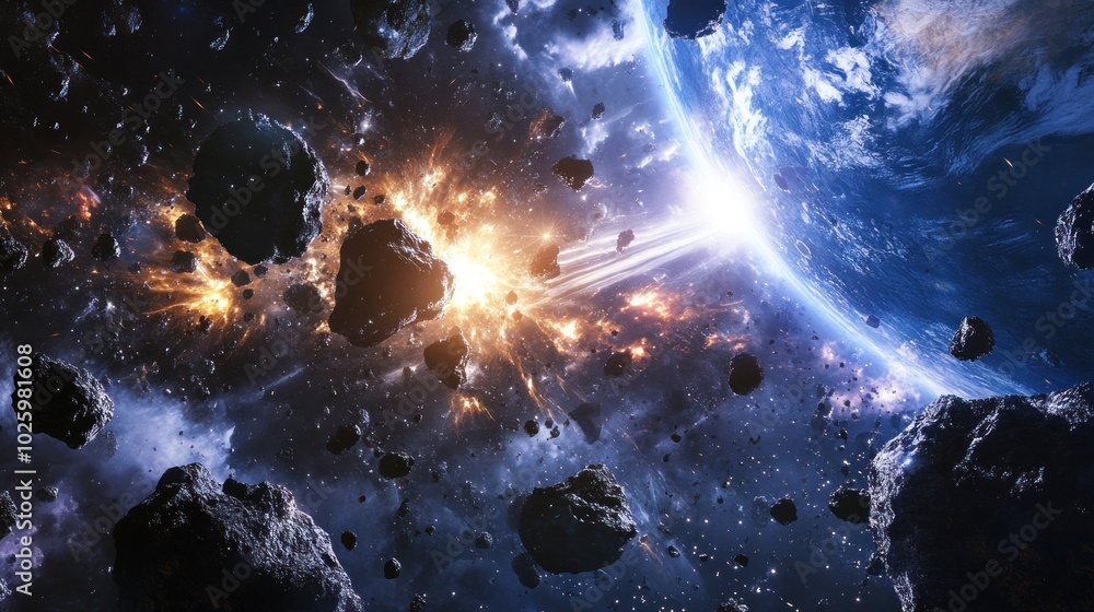 Poster a cosmic scene depicting asteroids and explosions in space, highlighting celestial dynamics.
