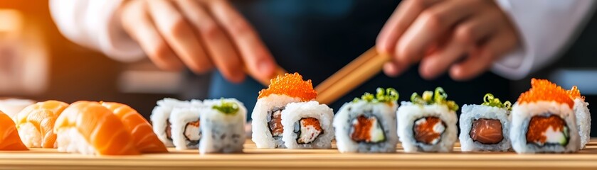Handcrafted sushi rolls, vibrant colors, elegant presentation, sushi making process.