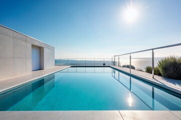 Obraz premium Minimalist Outdoor Swimming Pool with Turquoise Water and Sleek Railings for Tranquil Retreat Imagery