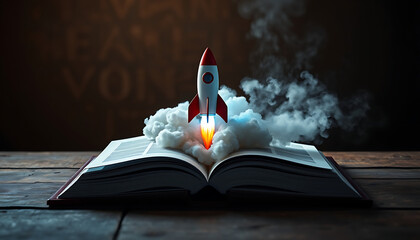 Space Rocket launching from a book.