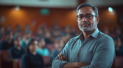 Fototapeta premium Confident Indian Teacher Proudly Standing in Classroom with Engaged Students in the Background