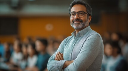 Experienced Indian Professor Standing Proudly in Front of a Focused Classroom of Students