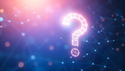 A large glowing question mark made of colorful lights against a dark blue background with bokeh effects