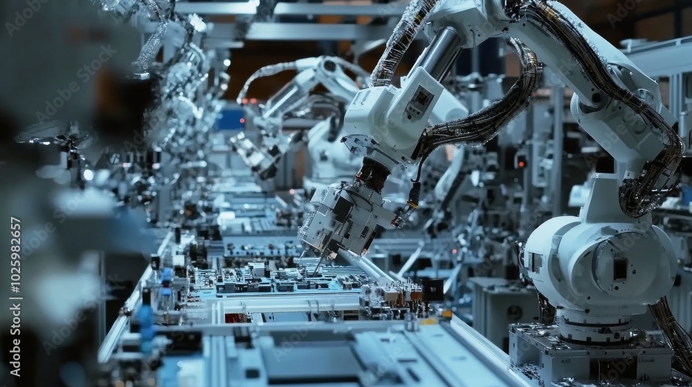 Poster robotic arm assembling circuit boards in factory.