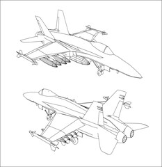  set of fighter jet plane vector  blueprint line drawing isolated on transparent background