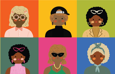 Modern women collection. Female diverse faces of different ethnicity. Women empowerment movement pattern. International womens day graphic vector. Isolated on transparent background. 