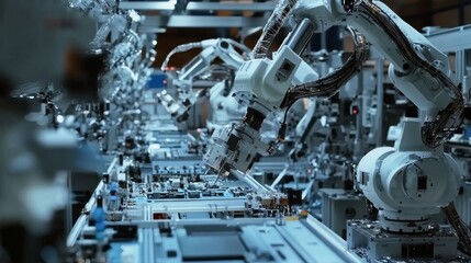 Robotic Arm Assembling Circuit Boards in Factory.