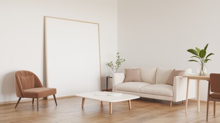 A minimalist living room featuring a light sofa, a wooden coffee table, and a single chair, complemented by plants and a large blank canvas on the wall.
