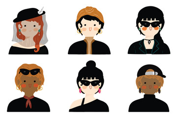 Modern women collection. Female diverse faces of different ethnicity. Women empowerment movement pattern. International womens day graphic vector. Isolated on transparent background. 