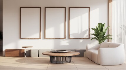Obraz premium A modern living room featuring a minimalist design, white walls, a round wooden coffee table, plush seating, and large blank frames ready for artwork.