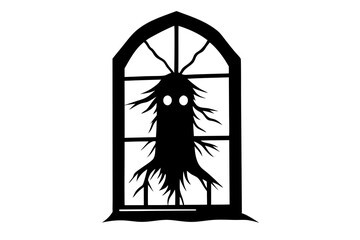 Window view of the landscape with black cat silhouette on the windowsill cartoon vector illustration. View through a window frame of a field , tree and candel with green flame.