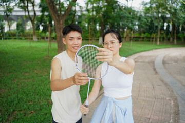Fototapeta premium Two young Asian classmate playing at park after school