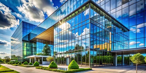 Obraz premium Modern Building Reflection with Blue Sky in Windows - Stunning Urban Architecture Photography