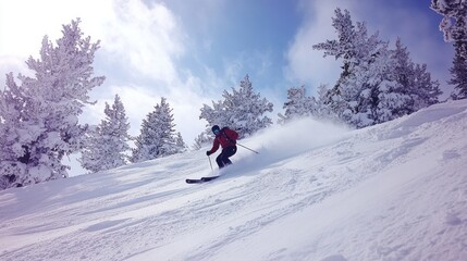 A skier racing downhill at high speed, navigating through snow-covered slopes in an adrenaline-filled moment