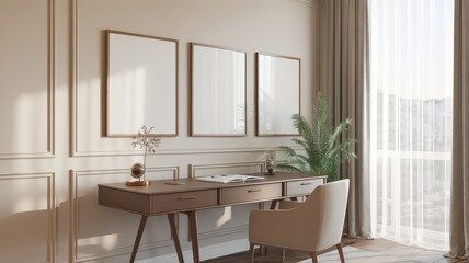 Fototapeta premium A cozy and minimalist workspace featuring a wooden desk, elegant chair, and natural light filtering through sheer curtains.