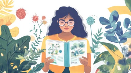 Woman Reading a Book About Plants and Nature.