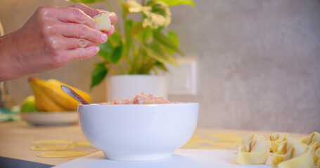 Woman Shaping Homemade Ravioli with Meat Filling in Kitchen