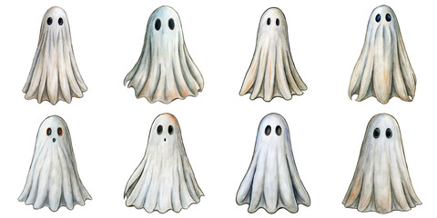 Hand Drawn illustration set of ghost . isolate on a white background. PNG
