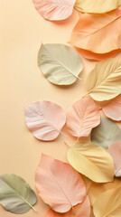 Obraz premium Aesthetic beige background with pastel colored paper autumn leaves. Copy space. Autumn inspiration. Generative AI